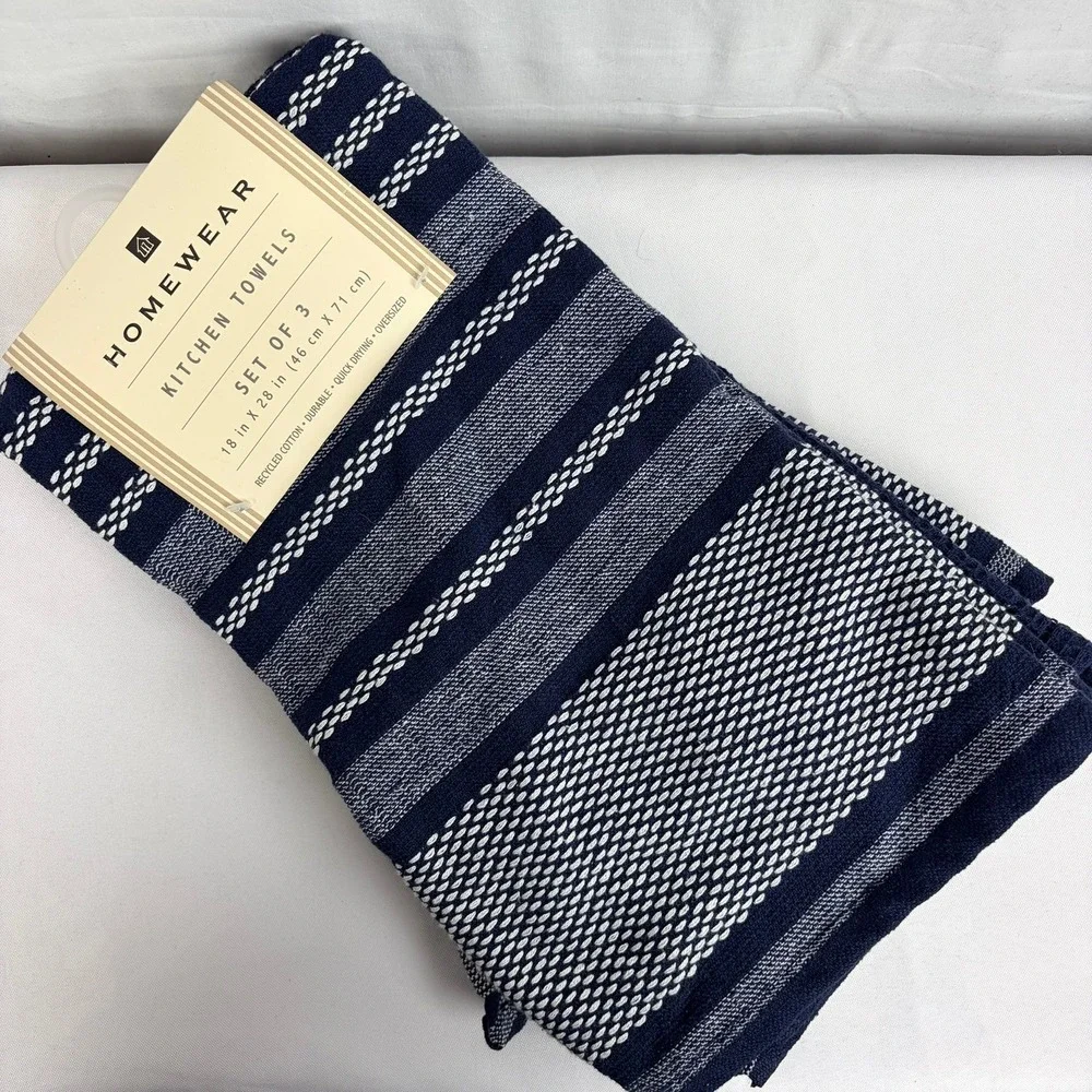 HOMEWEAR Navy Blue White Striped Kitchen Towels Set of 3 Recycled Cotton 18x28